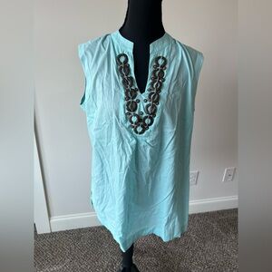 KRAZY KAT Aqua Blue Wood Beaded Split V Sleeveless Top Cotton Blouse Size L